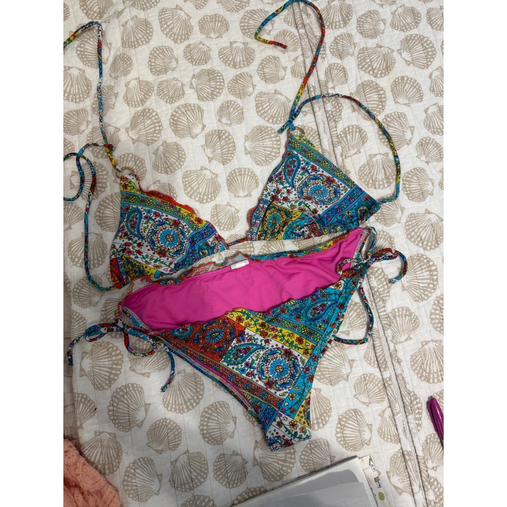 Xhilaration Womens Paisley Floral Triangle Bikini Set Blue Pink Yellow Boho L